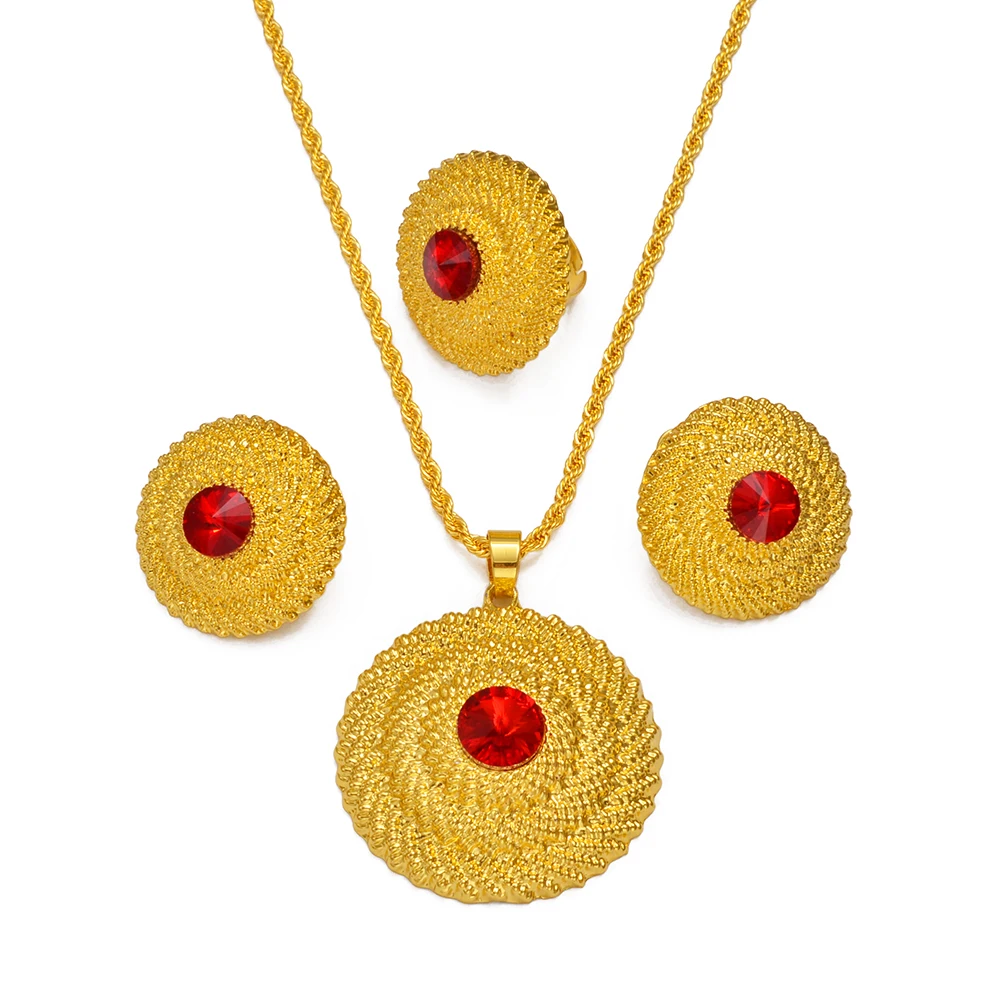 Anniyo Ethiopian Jewelry Sets RED/BLUE/GREEN Pendant Necklaces Earrings Rings Habesha Eritrean African Marriage Dowry #193216