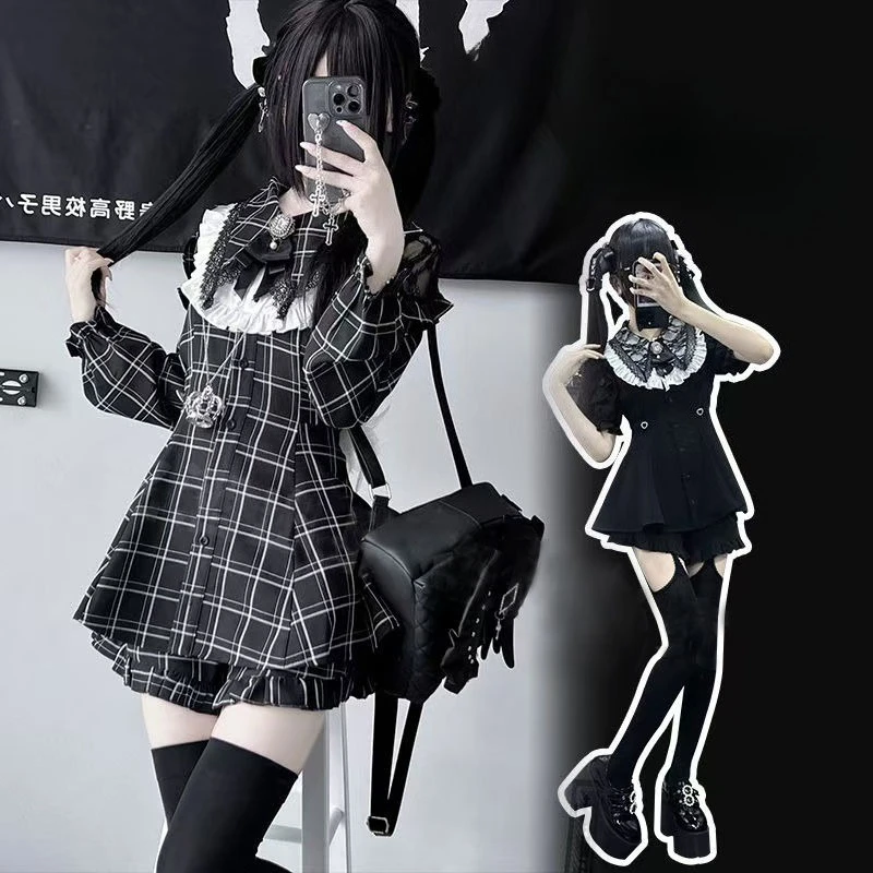 NONSAR Japanese Gothic Rhinestone Bow Dress Shorts Set Women Lace Off Shoulder Long Sleeve Slim Shirt Dresses Lolita Y2k Outfits