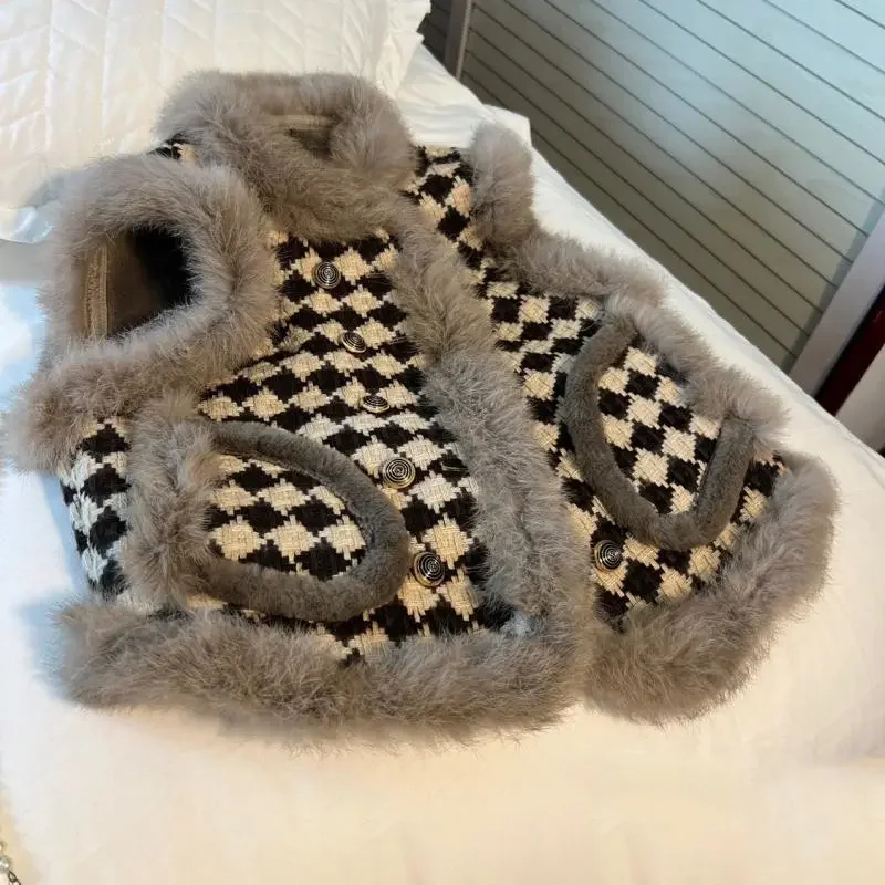 Chaleco con Cuello de piel para mujer, Tops informales holgados con botones, chaleco cálido con bolsillo, prendas de vestir exteriores Vintage para mujer, otoño e invierno, 2024
