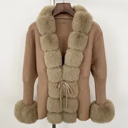 Women Faux Fur Knit Sweater cardigan Spring Autumn elegant Knitted sweater with faux fox fur collar Ladies Fashion Coat fur coat
