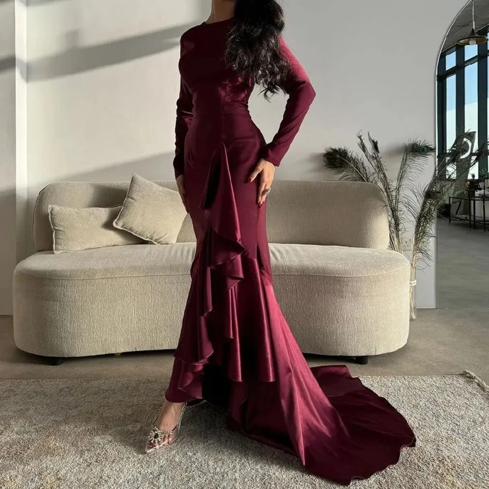 

Customized Temperament Mermaid Crew Neck Long Sleeves Satin Evening Dress Modern Chapel Train Pleats Burgundy Vestido De Noche