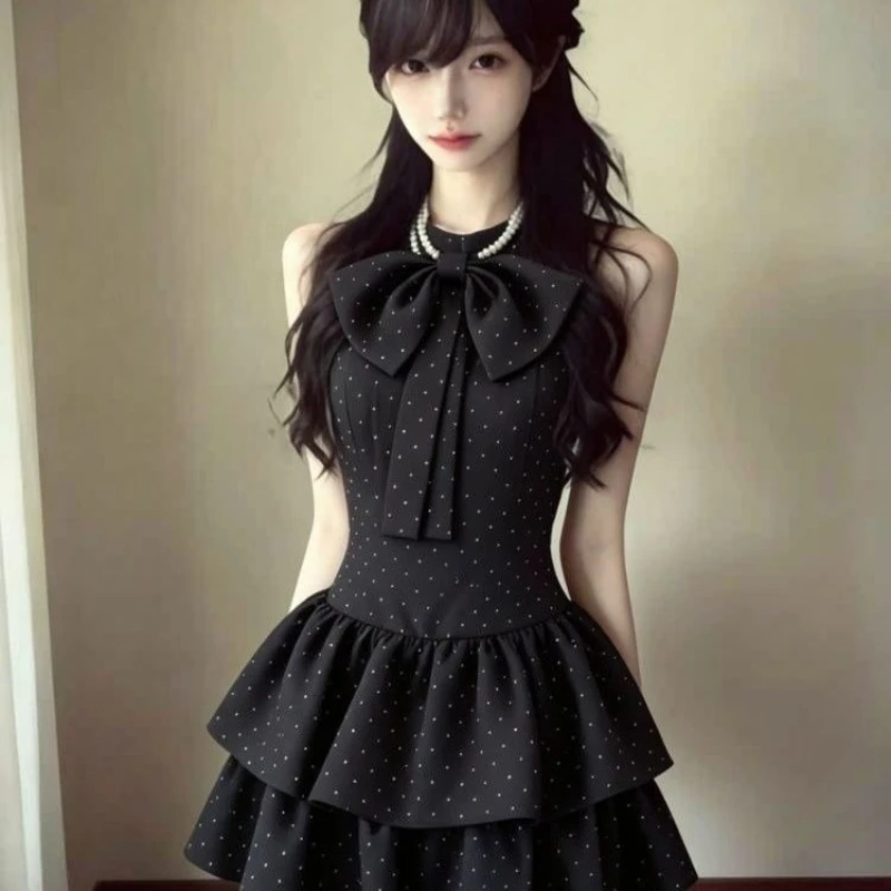 Women Sweet Polka Dot Sleeveless Dresses Big Bow High Neck Tiered Skirt Mini Dress Vintage Lolita Style Slim Party Short Dresses