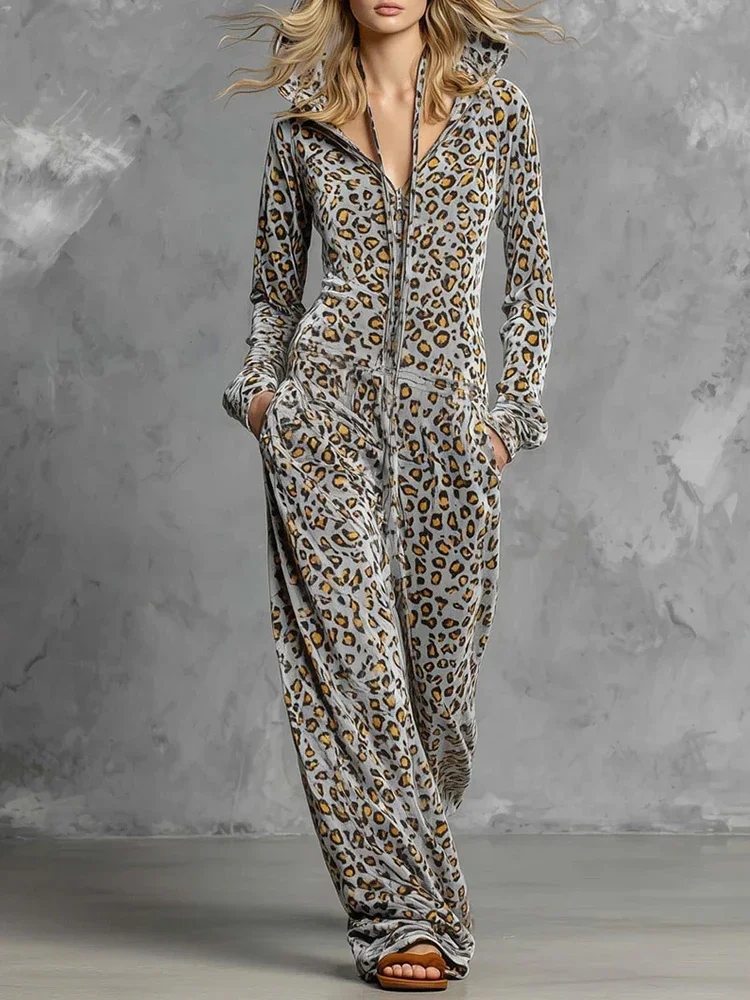 Herbst Winter Neue Goldene Samt Leopard Print Overall Mode Hohe Taille Tasche Hoodies Strampler Beiläufige Lose Breite Bein Playsuits