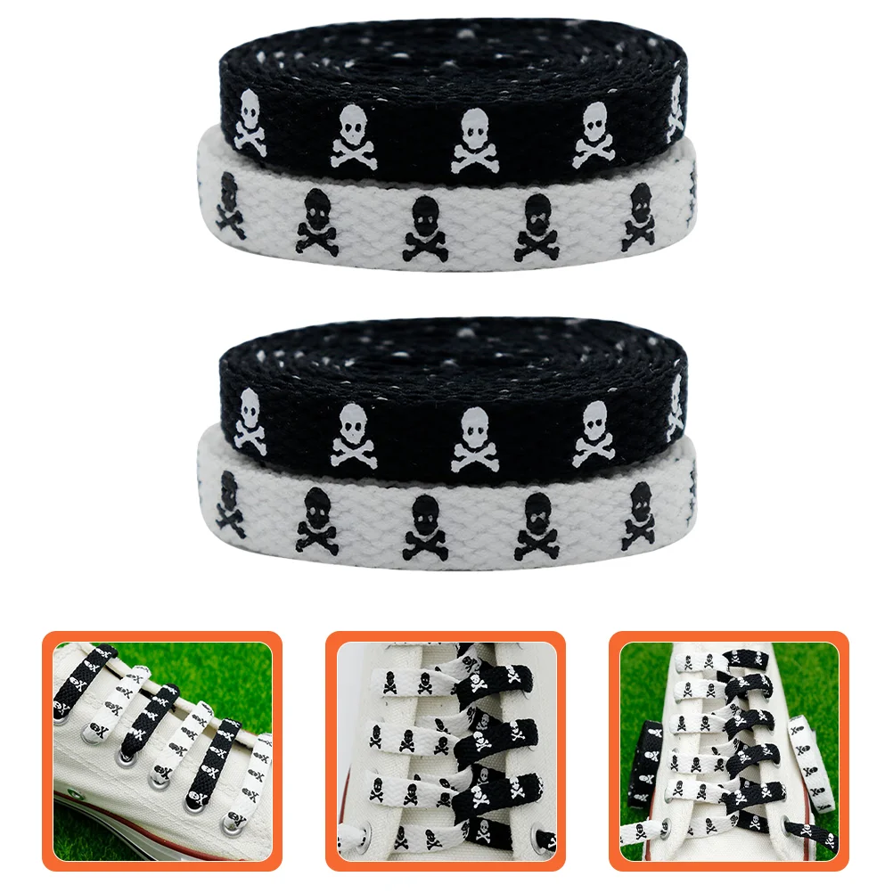 2 pares de cordones blancos con calavera, cordones planos de poliéster negros, cordones de cuerda gruesa para zapatillas de deporte