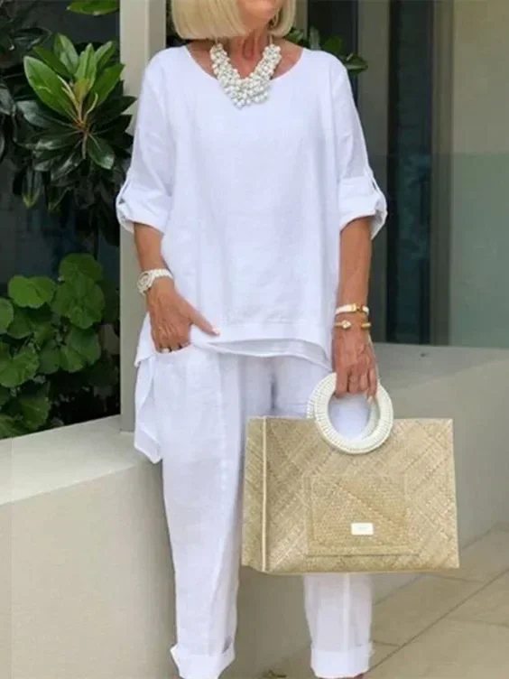 

Spring Oversize Women Suit White O-neck Pockets Tops Loose Long Pants Suits Female Set Casual Elegant Fashion Lady Clothes