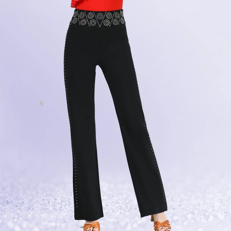 

Modern dance pants high-rise wide-leg Latin dance ballroom diamond-encrusted trousers women clothing