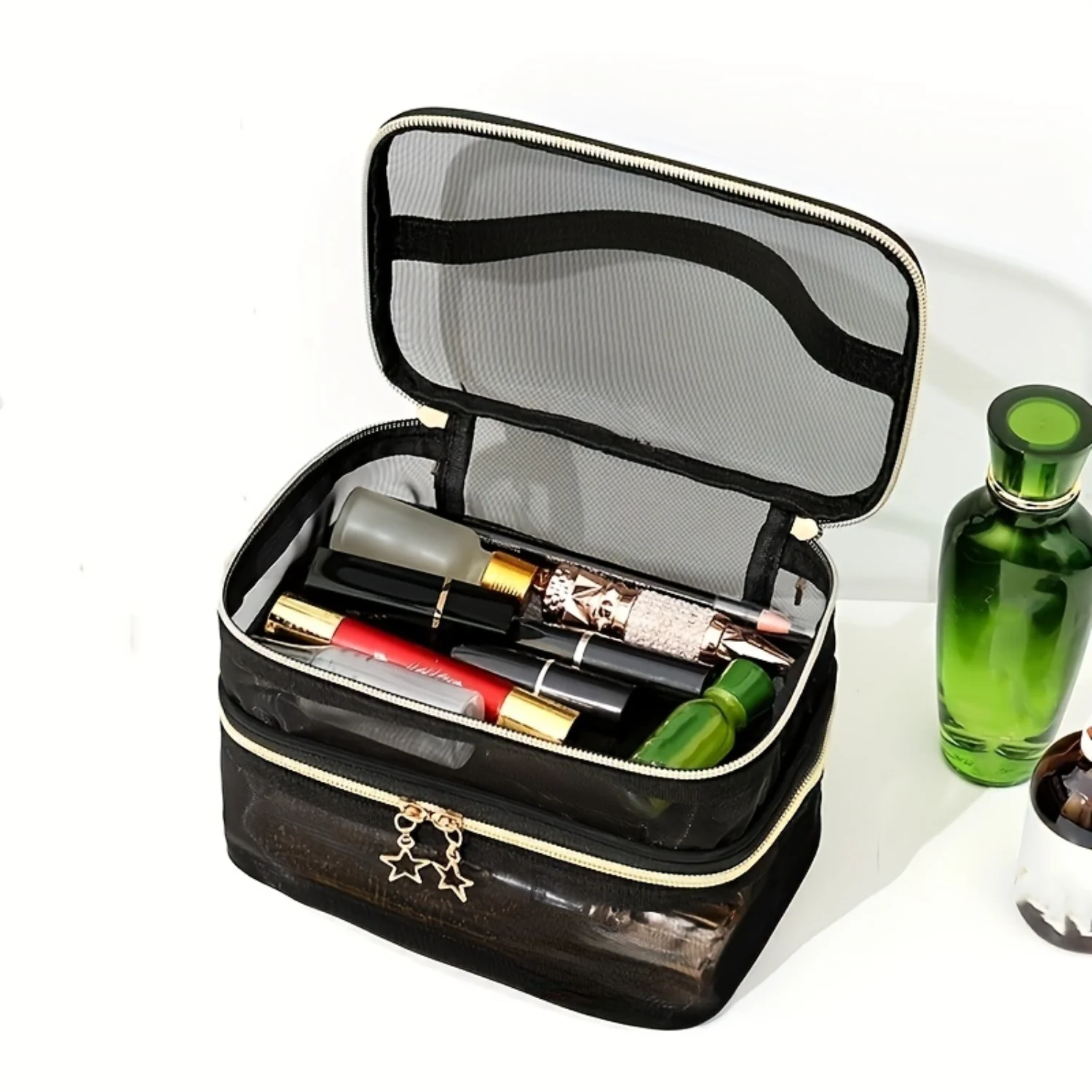 Saco cosmético de viagem de camada dupla, saco de escova de maquiagem, saco de higiene portátil com zíper com alça, saco de lavagem de acessórios de viagem