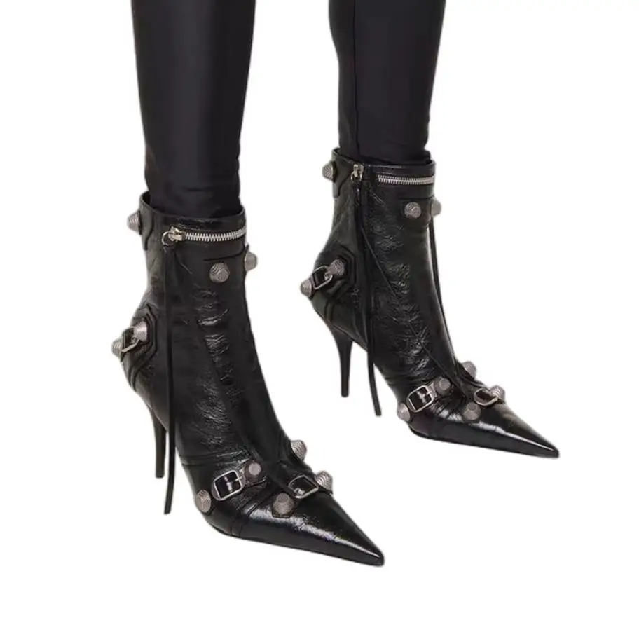 

Women New Rivet Fringe Boots Metal Zipper Motorcycle Boots Belt Buckle Pointed Toe Knee High Shoes Aged-silver Studs Boots