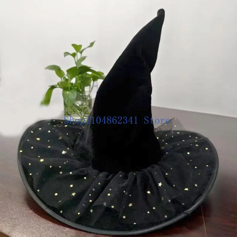 5asd Halloween Wizard Hat Large Black Witches Witch Hat Star Lace Witch Caps Fashion Pointed Hat Halloween Cosplay Costumes