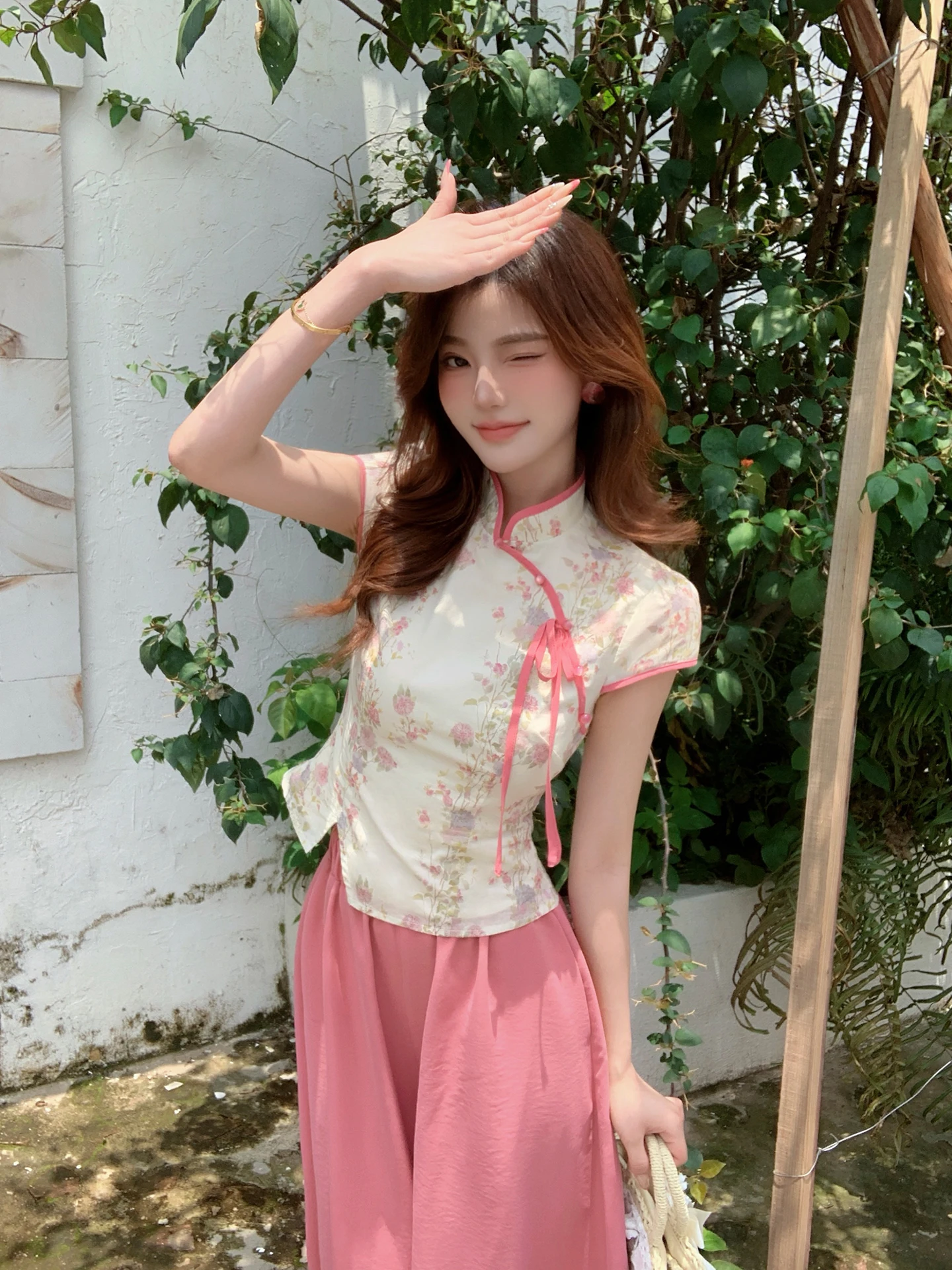 Lingshan Zhihe New Chinese Style Set Short Printed Top Women Summer High Waist Wide Leg Casual Pants Floral Pattern Casual Wear