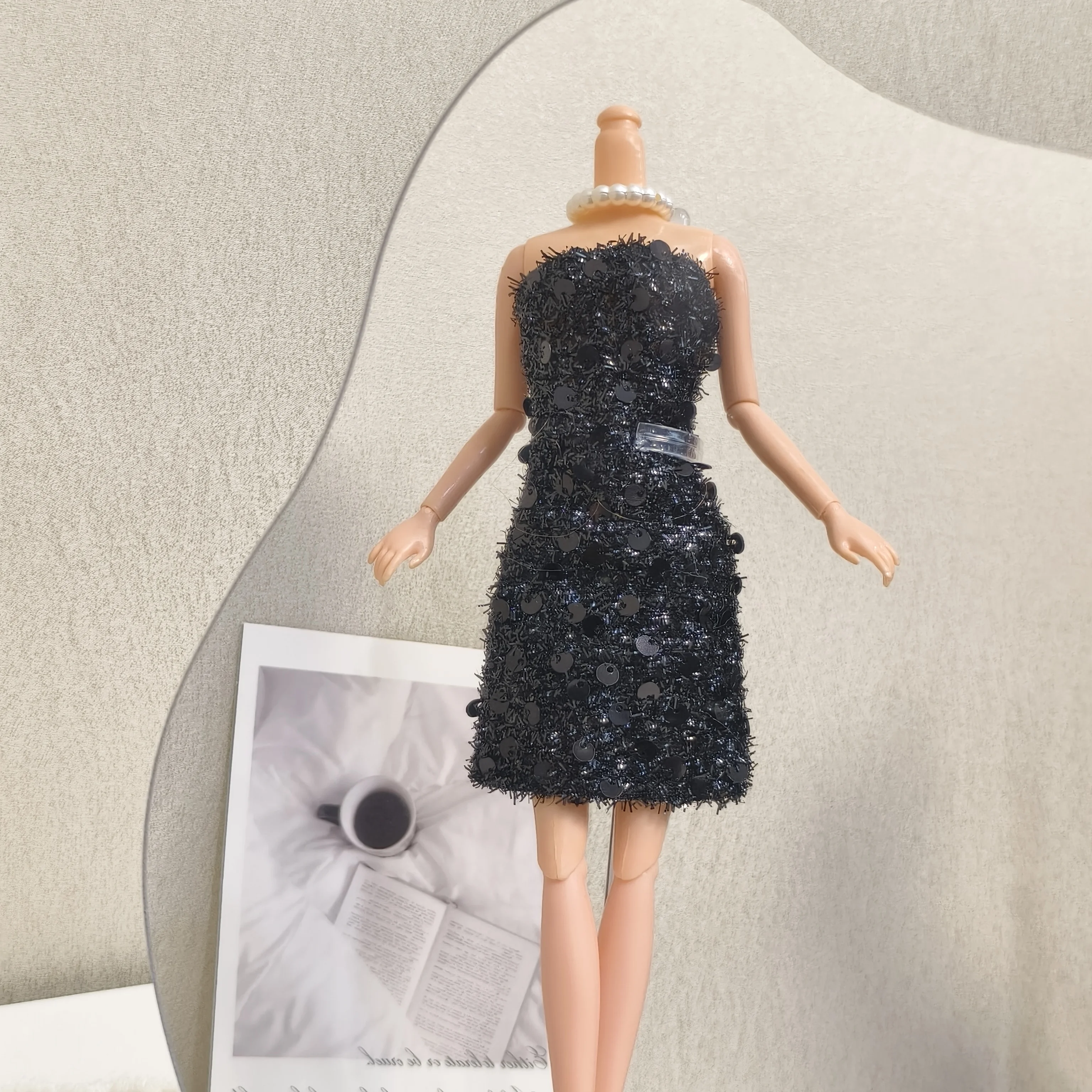 30 cm Pop Kleding Accessoires Winter Mode Plaid Harige Jas + Pailletten Jurk + Hoge Hakken Set Voor 1/6 BJD FR PP Supermodel Pop