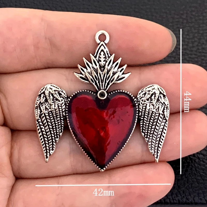 3pcs,43*42mm New Holy Red Heart Charm Victorian Love Zircon Charm Pendant, Fashion Wing Jewelry DIY Making Supplies