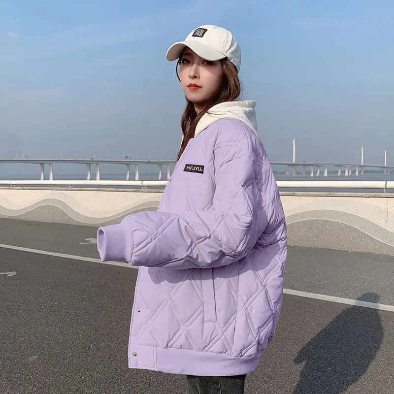 Solid Rhombic Light Down Cotton Jacket Single Breasted Pocket Baseball Uniform Autumn Winter 2023 Slim Casual Women's Outerwear