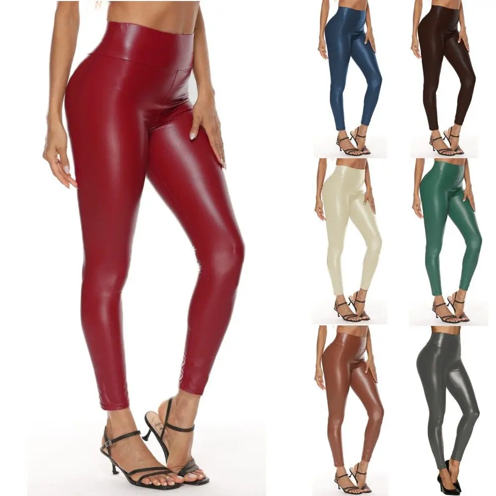 

High Waist PU Leather Pants Women's Sexy Base Layer Tight Nightclub PK20 Shiny Leather Trousers Women's Fashionable Bottoms