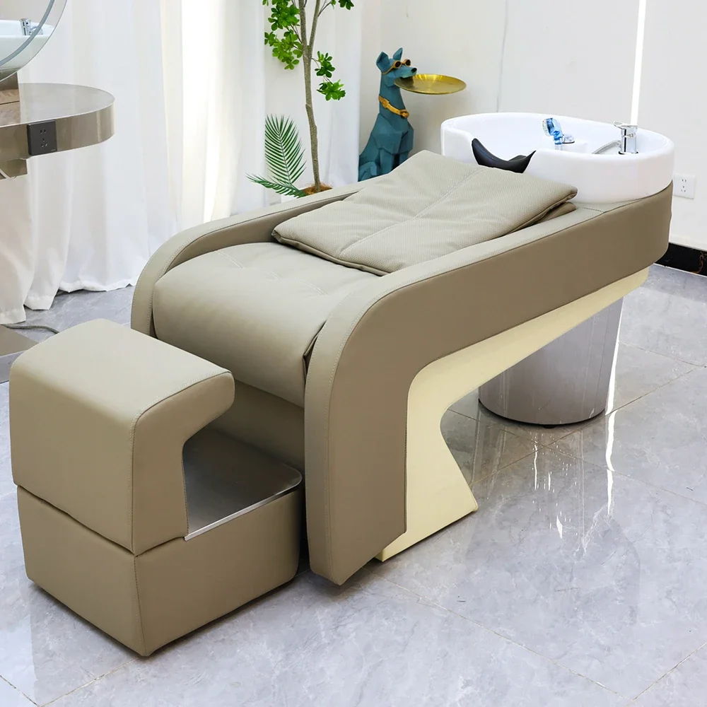 

Comfortable Backwash Shampoo Station Chair Adjustable Ceramic Hair Wash Bowl Leather Standing Shampoo Chair