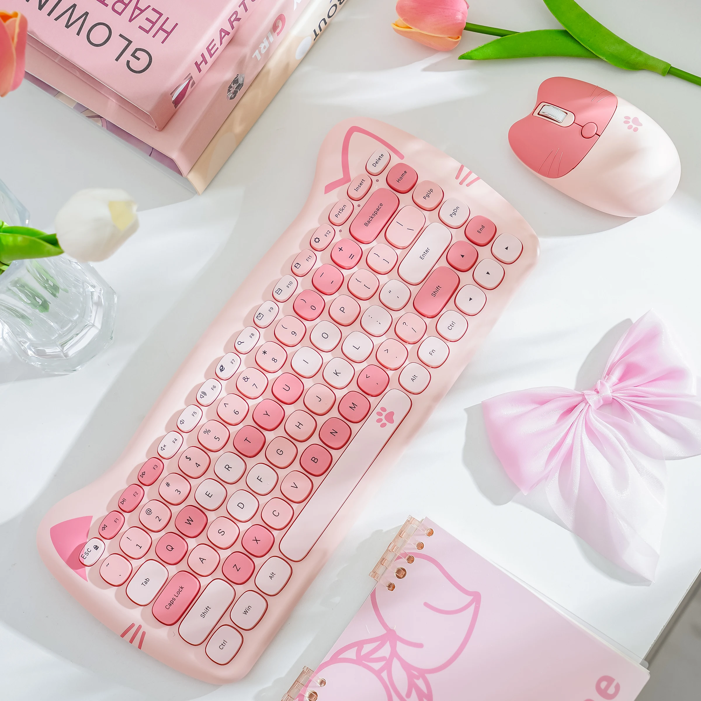 GEEZER Pink Cat Ear Wireless Keyboard Mouse Combo, Cute Silent Round Keycaps for Girls Office, US QWERTY Layout
