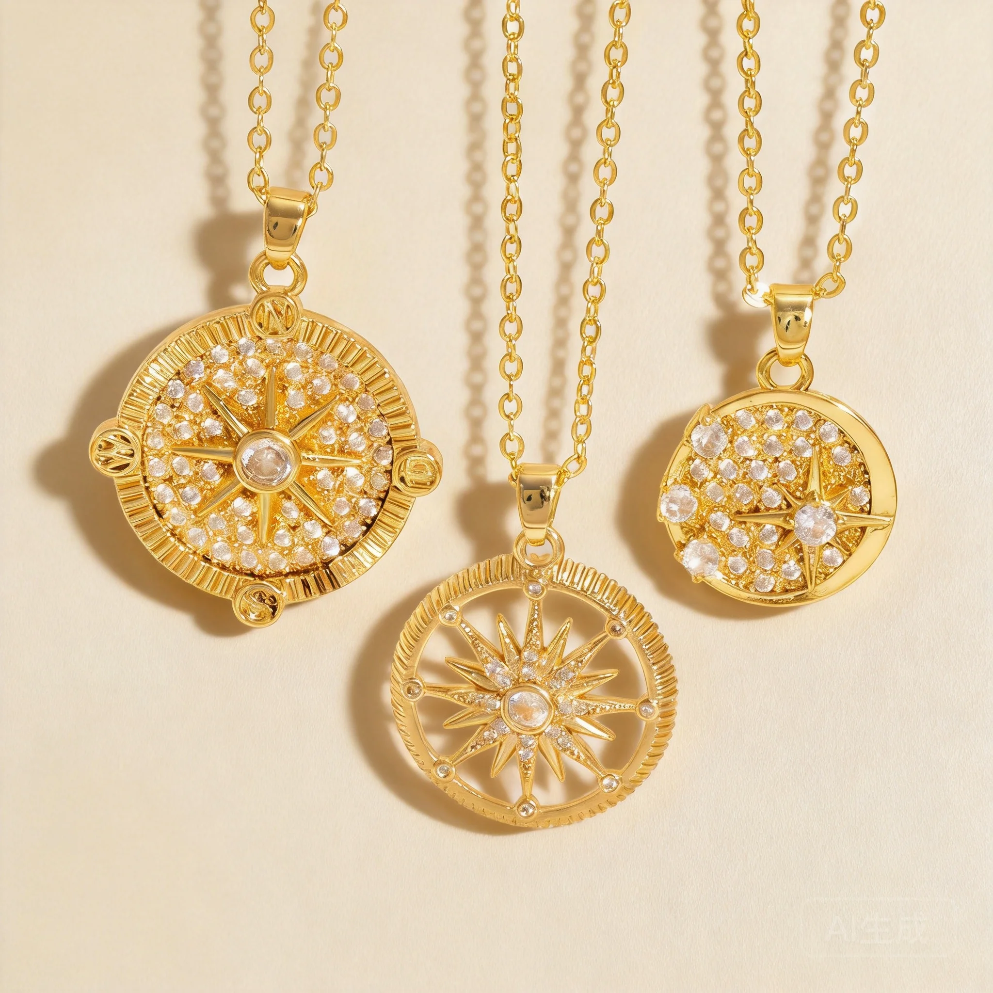 Chinese Style Lucky 18k Gold Plated Copper Embossed Eight Pointed Star Round Pendant Necklace Inlaid Shiny Zircon Chic Jewelry