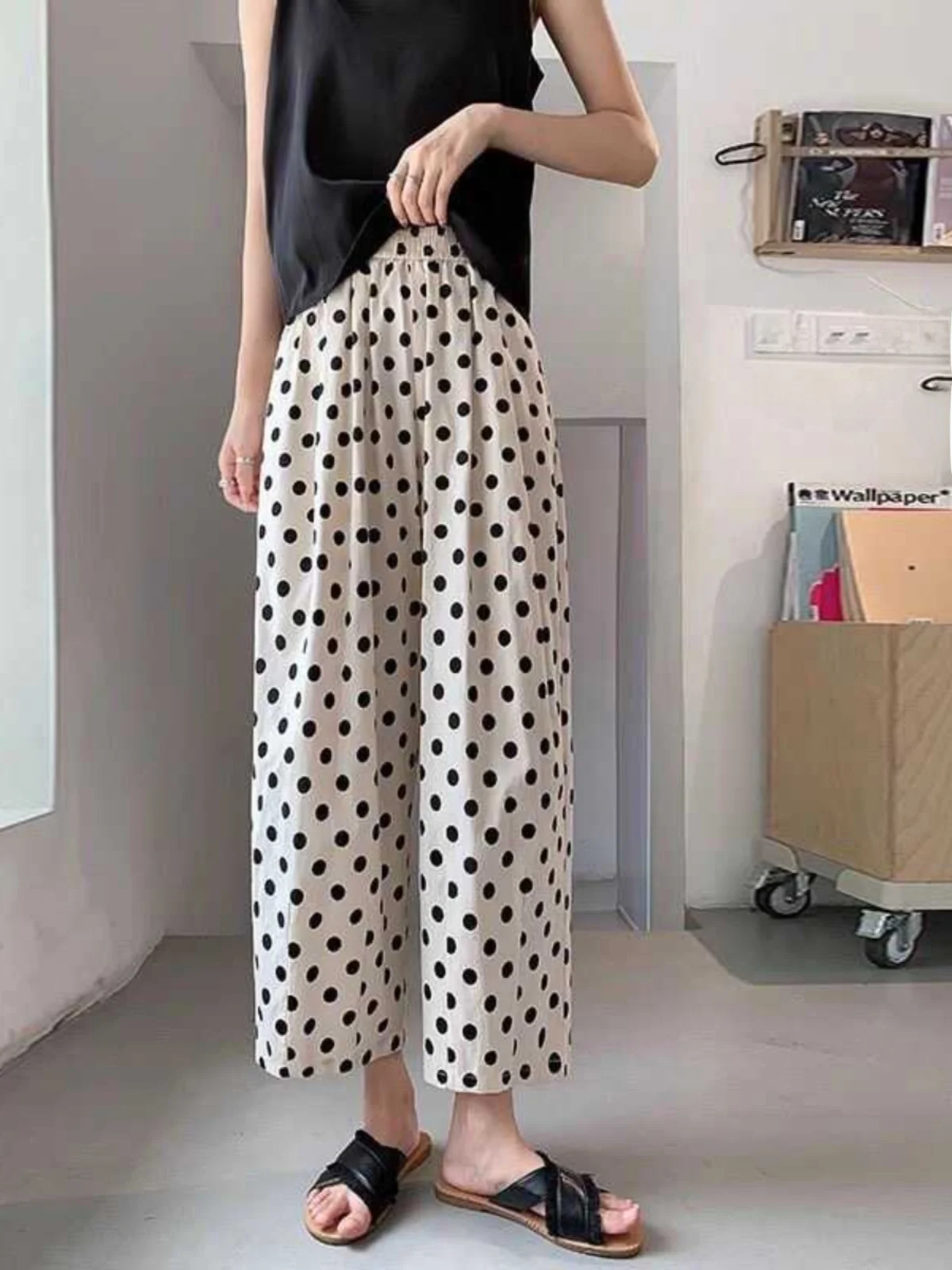 Pantalones de pierna ancha de cintura alta de lunares, pantalones informales de nueve puntos frescos de seda helada con cintura elástica fina de verano, tendencia Faion para mujer