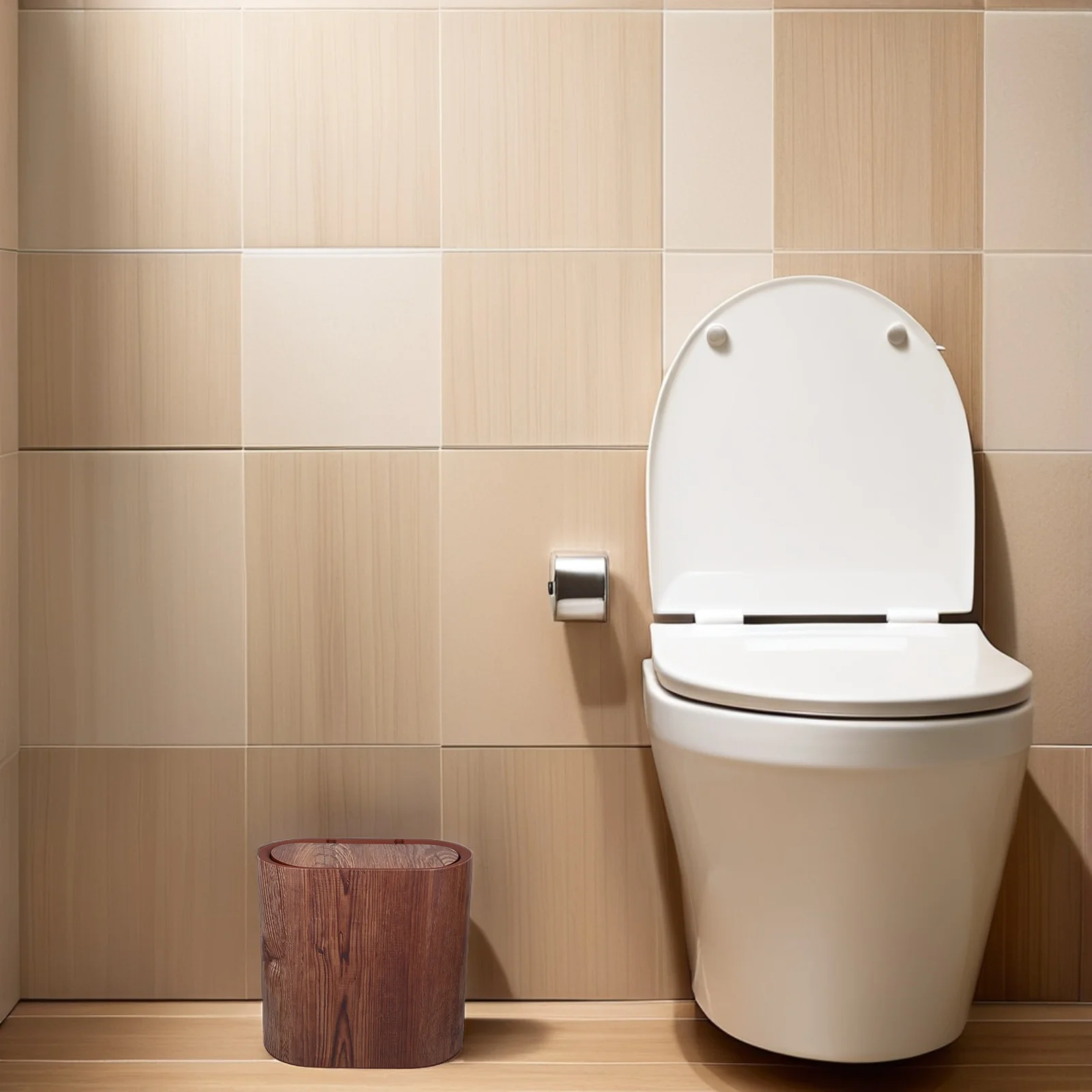 

Small Wood Grain Narrow Garbage Can Lidded Slim Plastic Trash Bin for Bathroom Kitchen Office Home Rustic Bathroom Trash Can