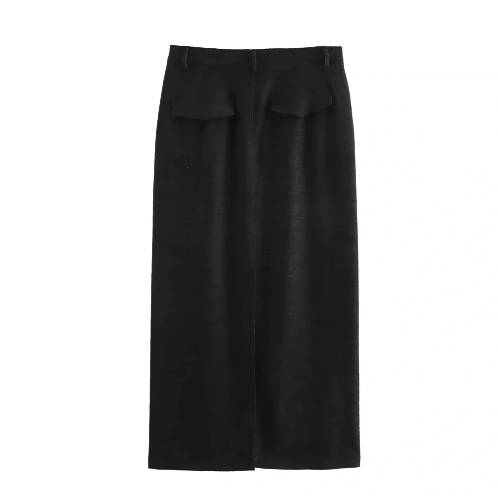 2025 PB&ZA Women's Midi Skirt Classic Black Design with Side Pockets and Sleek Tailoring for a Timeless and Elegant Look