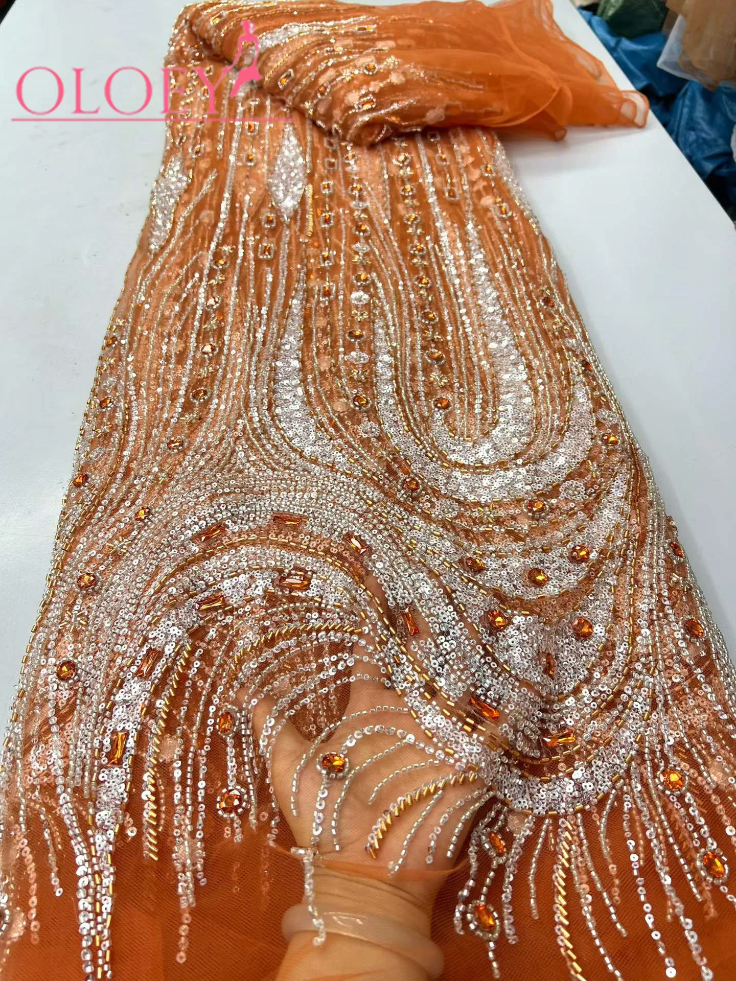 OLOEY Luxury Heavy Stone Lace Fabric Green  High-Quality Nigerian African Tulle Lace Fabric Suitable for Women's Party Dress
