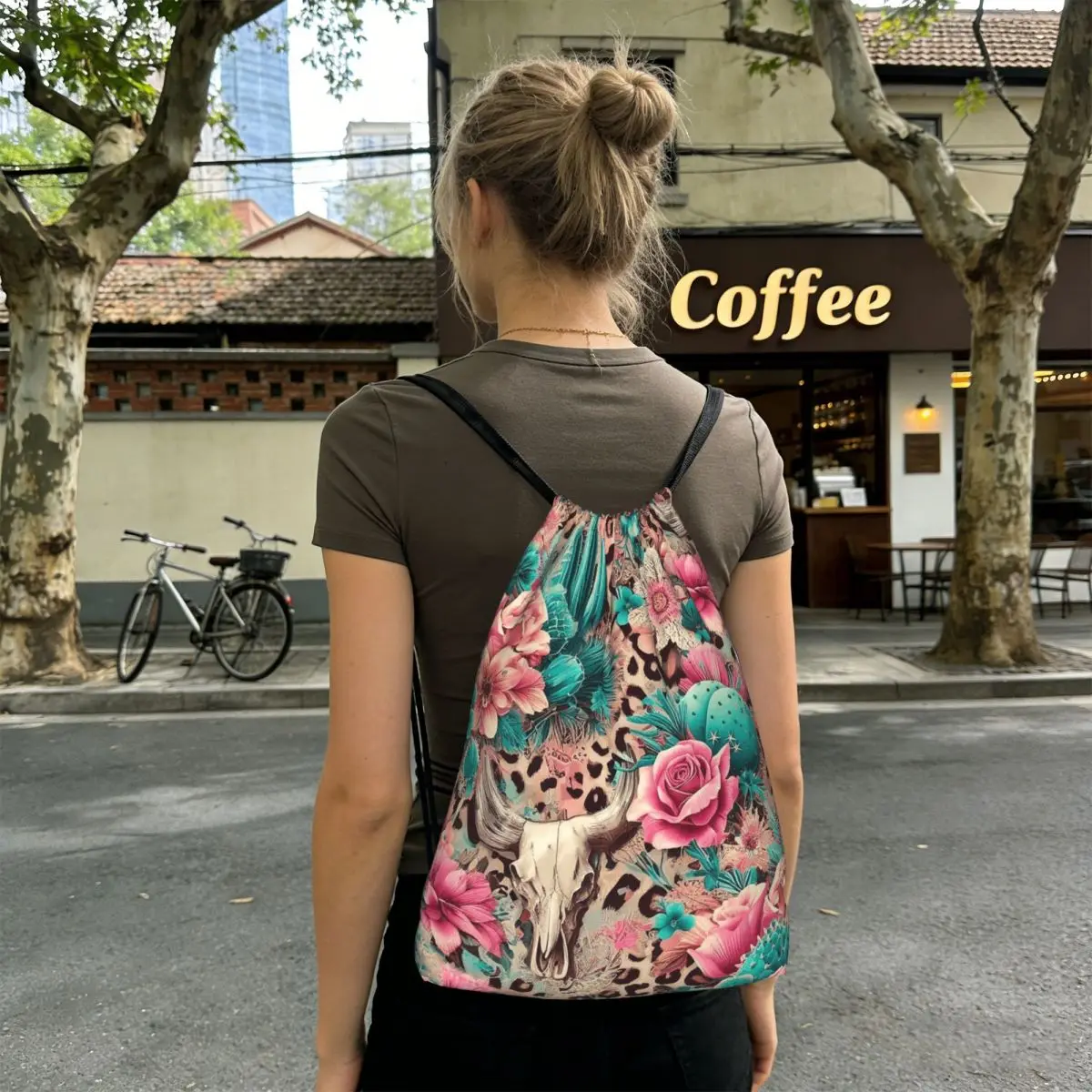Western Cowboy Cactus Cow Head Floral Backpacks Portable Drawstring Bags Sundries Bag Book Bags for Man Woman School