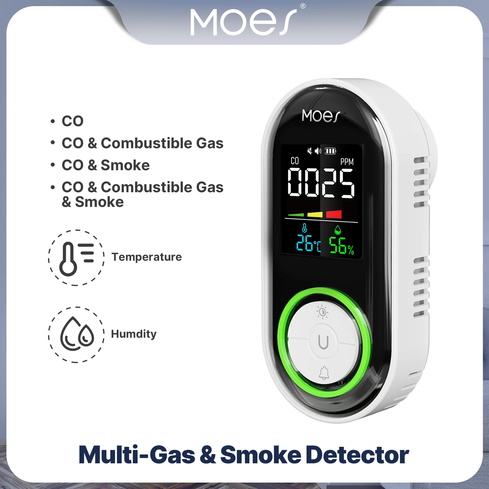 

MOES CO Gas&Smoke Detector Plug-in Carbon Monoxide Sensor Alarm Warning LED Display Temperature Humidity Kitchen Garage Boiler