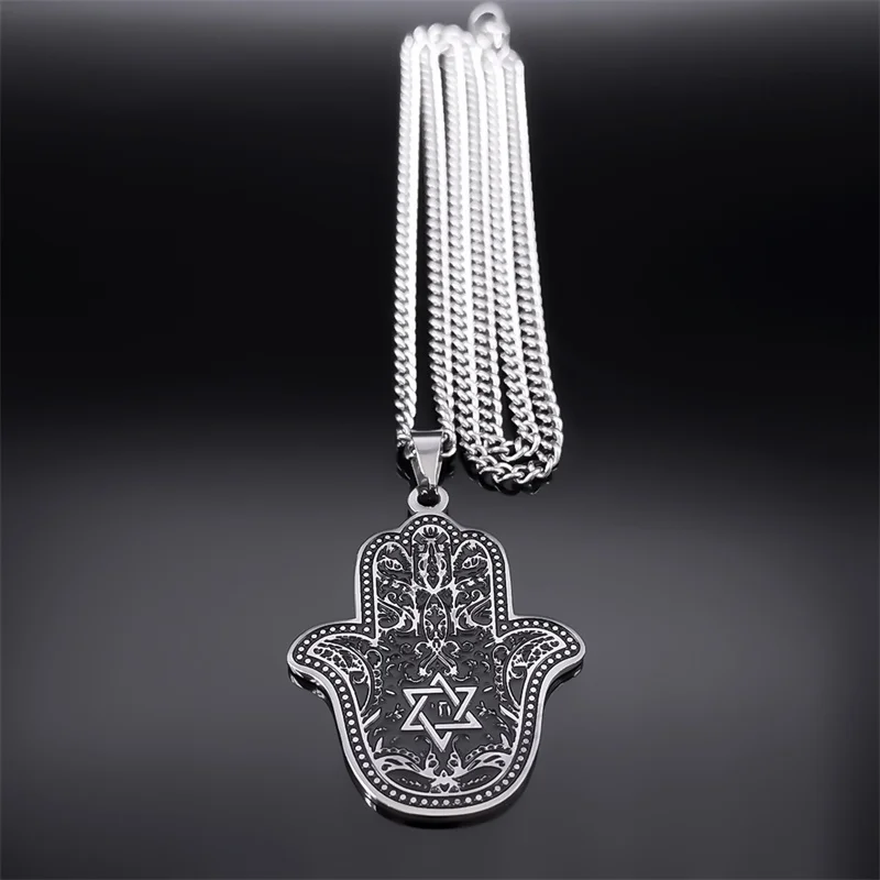 Jerusalem Hamsa 손 파티마 목걸이, 마겐 다윗의 별, 스테인리스 스틸 실버 컬러, 유대인 긴 목걸이, 쥬얼리 N7517S05