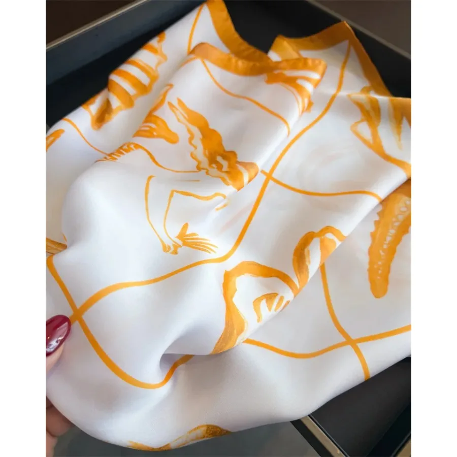 NEW Orange Silk Scarf Mermaid Pattern Neckerchief Women's Luxury Silk Square Shawl Purse Scarf for Women Designer Silk Headscar view 3