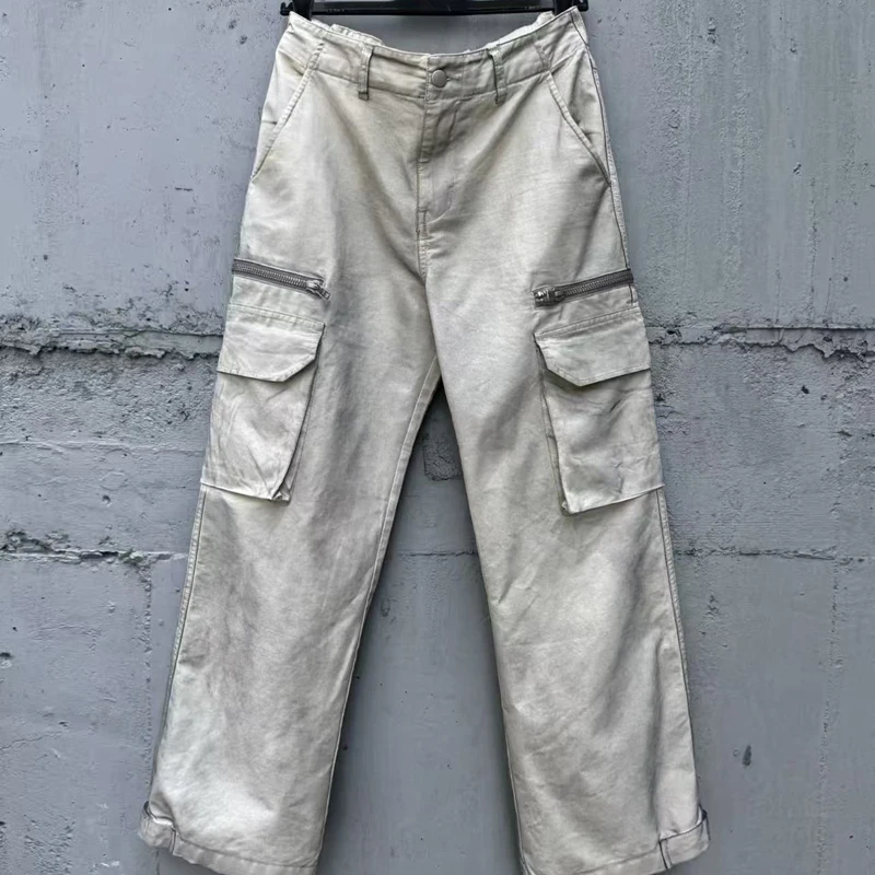 Stain False Perception Fade Washed Zipper Pockets Casual Cargo Pants Men Women High Quality Loose Straight Work Trousers