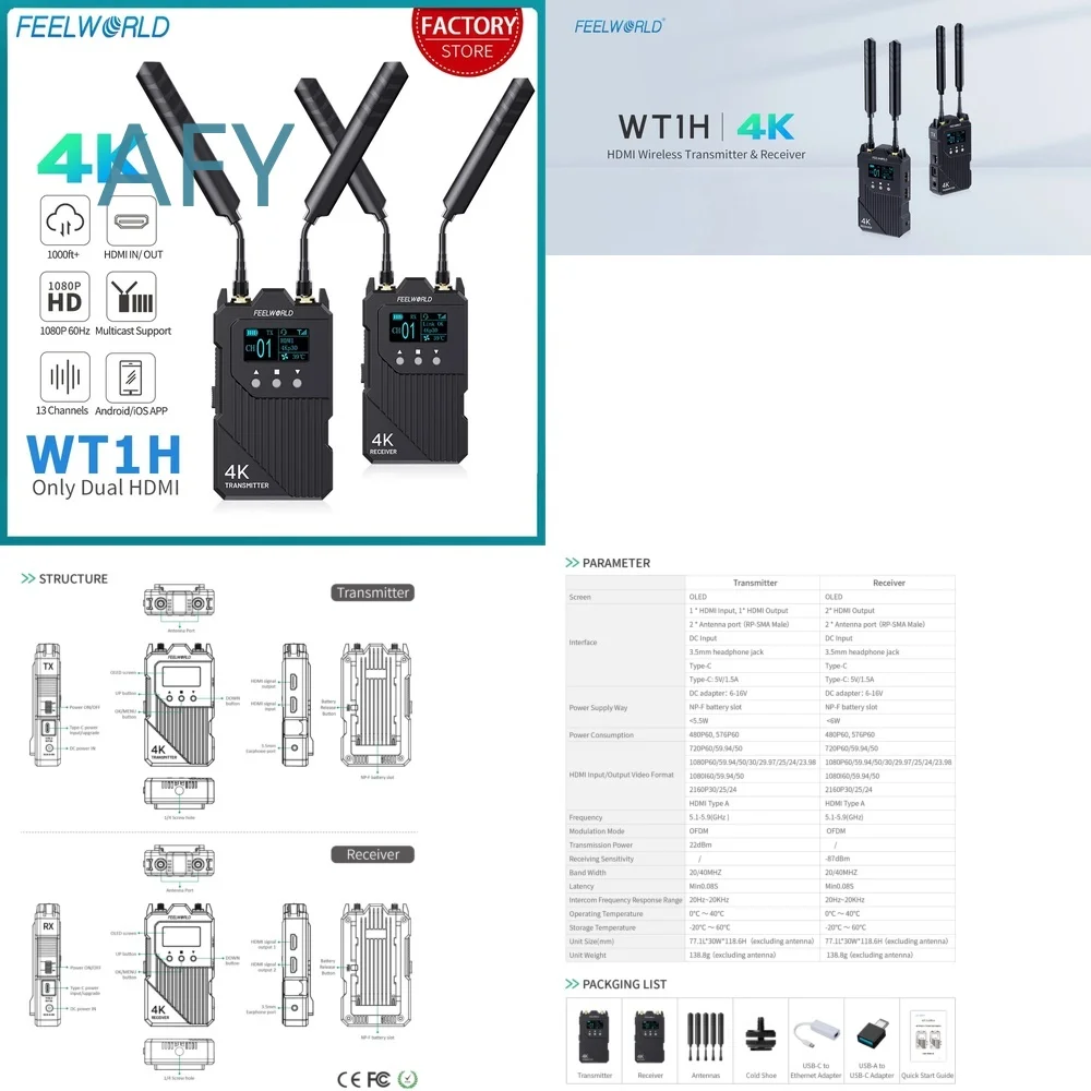 Wireless 4K HDMI Video Transmission System for FEELWORLD WT1H 1080P Transmitter Receiver 1000FT Range Low Latency Streaming