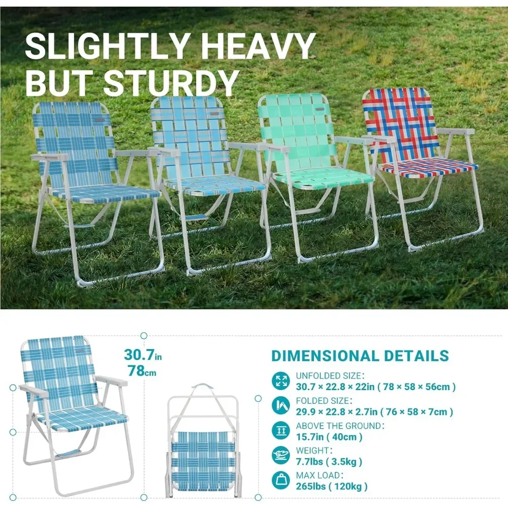 Folding Webbed Lawn Beach Chair - Heavy Duty Portable Outdoor Chair with Hard Armrest for Camping,Garden,Concerts, BBQ,265 LBS