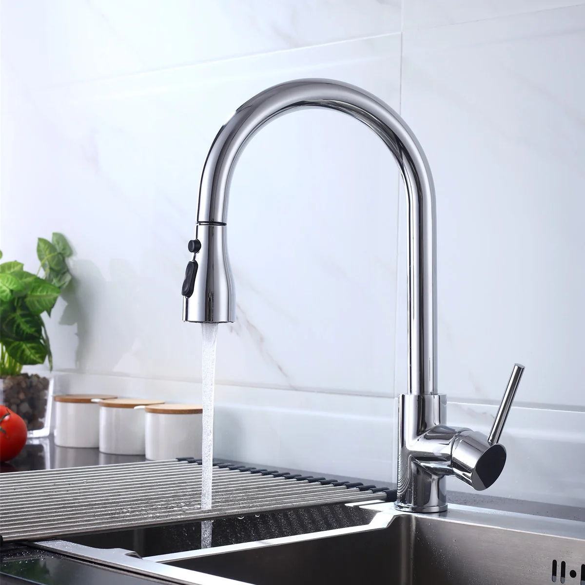 Multifunctional Modern Kitchen Sink Faucet Pull Out Kitchen Black Bright Silver 304 Stainless Steel Contemporary Ceramic