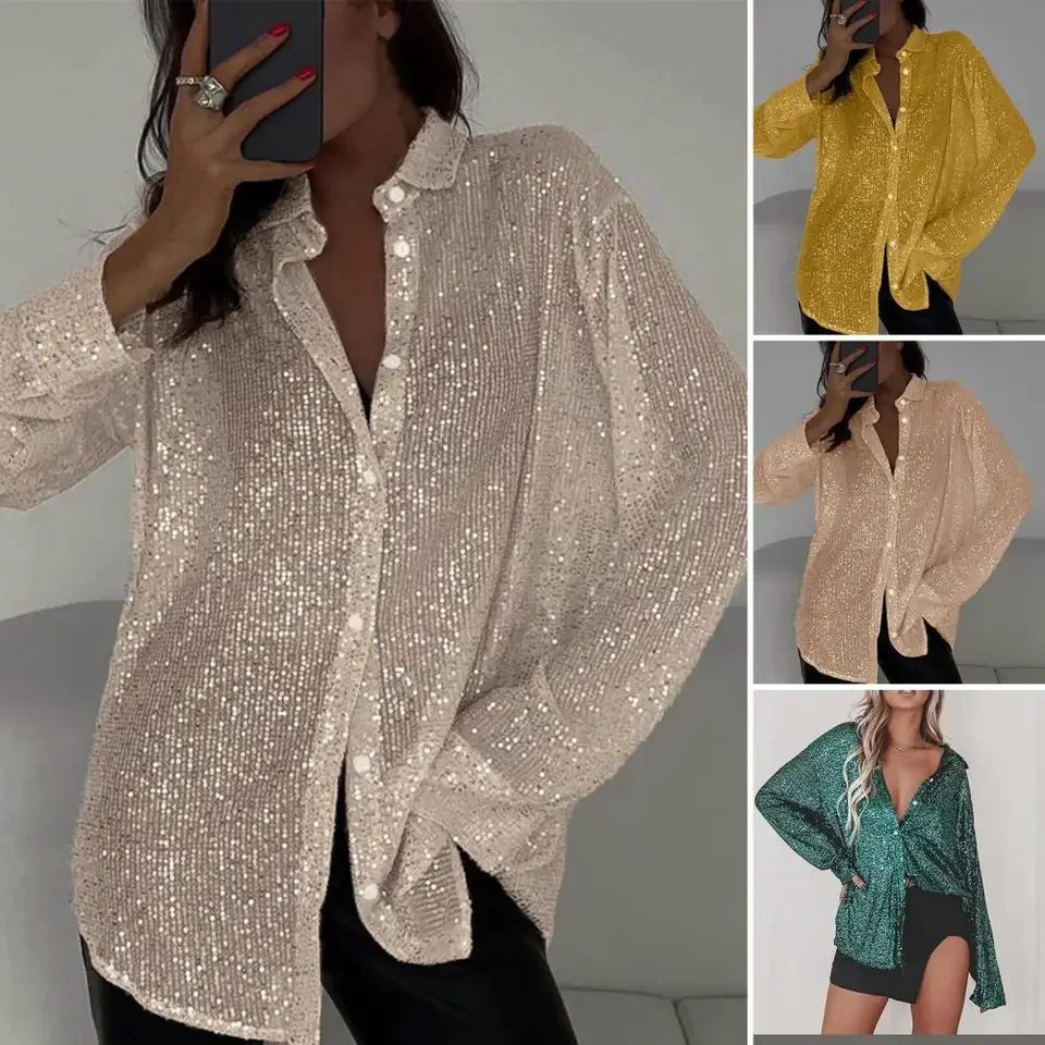 

Sequins Shirt Dress For Women 2026 Party Night Elegant Button Up Turn Down Collar Long Sleeve Sequin Mini Dresses Shirt Tops