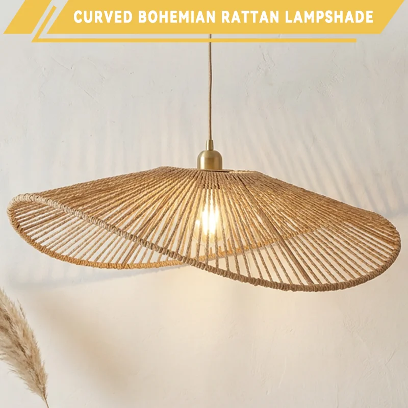 Handwoven Boho Pendant Lamp Shade, Rattan Straw Umbrella Cover for Living Room Cafe