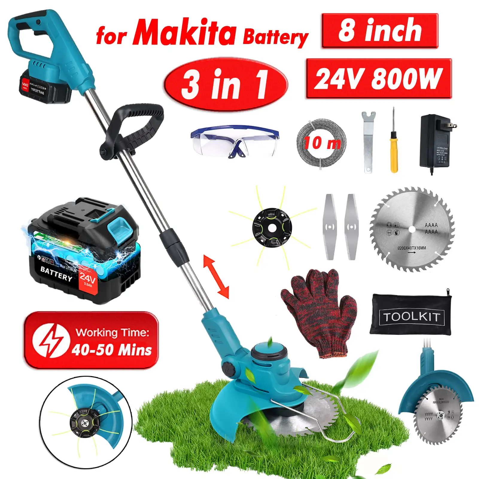 8 Inch Grass Trimmer Cordless Electric String Trimmer Edger 3 in 1 Weed Wacker Kit Brushless Cutter with Battery For Makita Tool