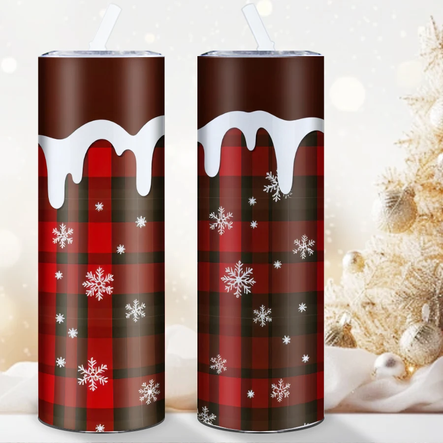 1Pc Water Bottle Straw Lid 20oz Stainless Steel Straight Mugs 3D Print Winter Snowflake Tumblers  Party Supplies Festive Gifts