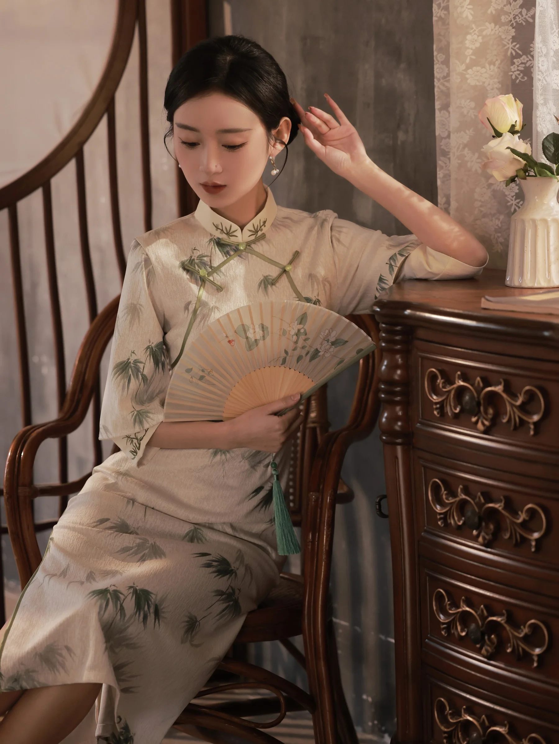 

Women Lady Mid Sleeved Cheongsam Dress Qi Pao Bamboo Leaves Patterned Chinese Style Retro Long