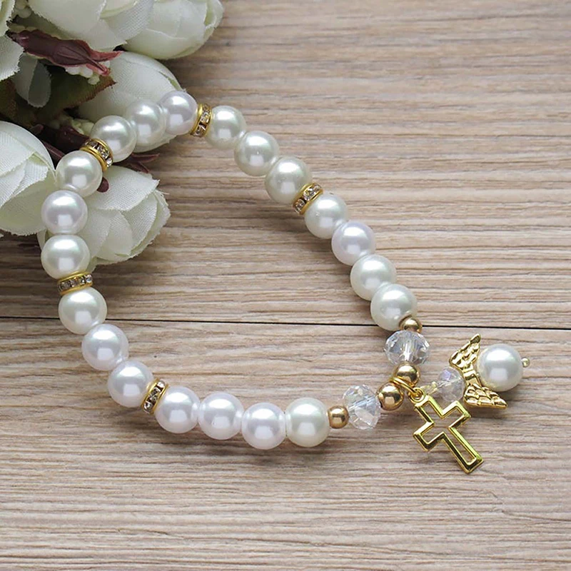 Religious Pearl Bracelet Angel Wing Cross Beaded Bracelet Baby Shower Girl Boy Baptism Gift