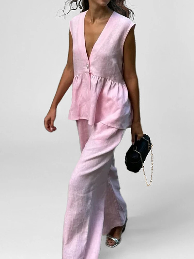 

Mia Muse Women's Sets Summer Fashion Daily 2025 Plain V-Neck Sleeveless Top Natural Waist Maxi Pants Casual Sets