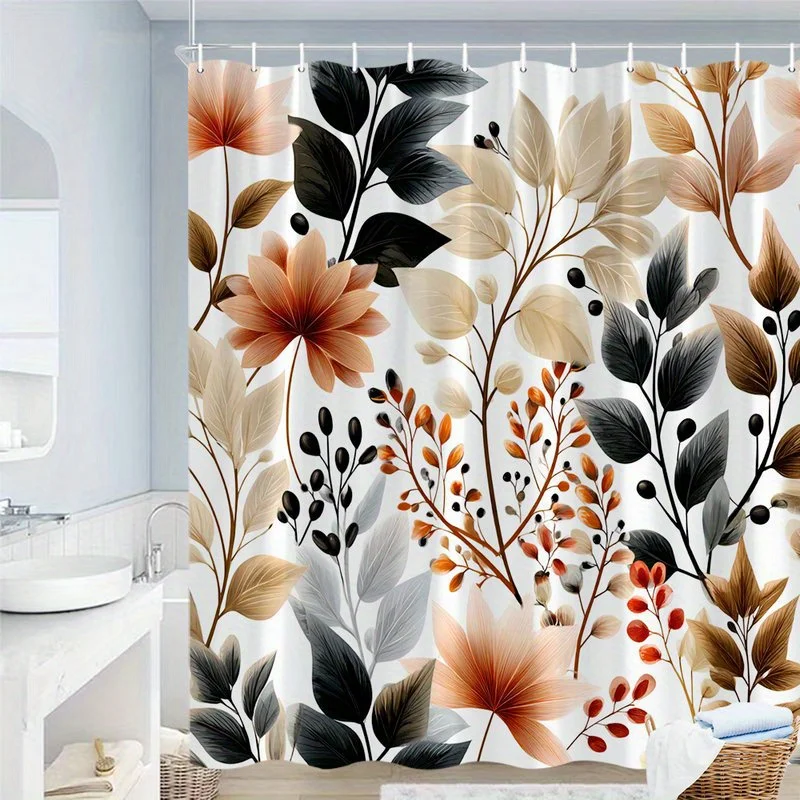 

1pc Beige floral pattern shower curtain with leaves, polyester fabric, machine washable, suitable for bathroom decoration