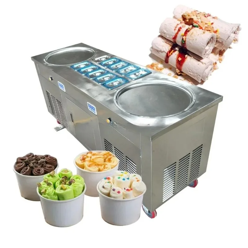 #Commercial Rolled Ice Cream Machine 2800W Double Pan Ice Cream Roll Maker with Cabinet Fried Ice Cream Roll Machine