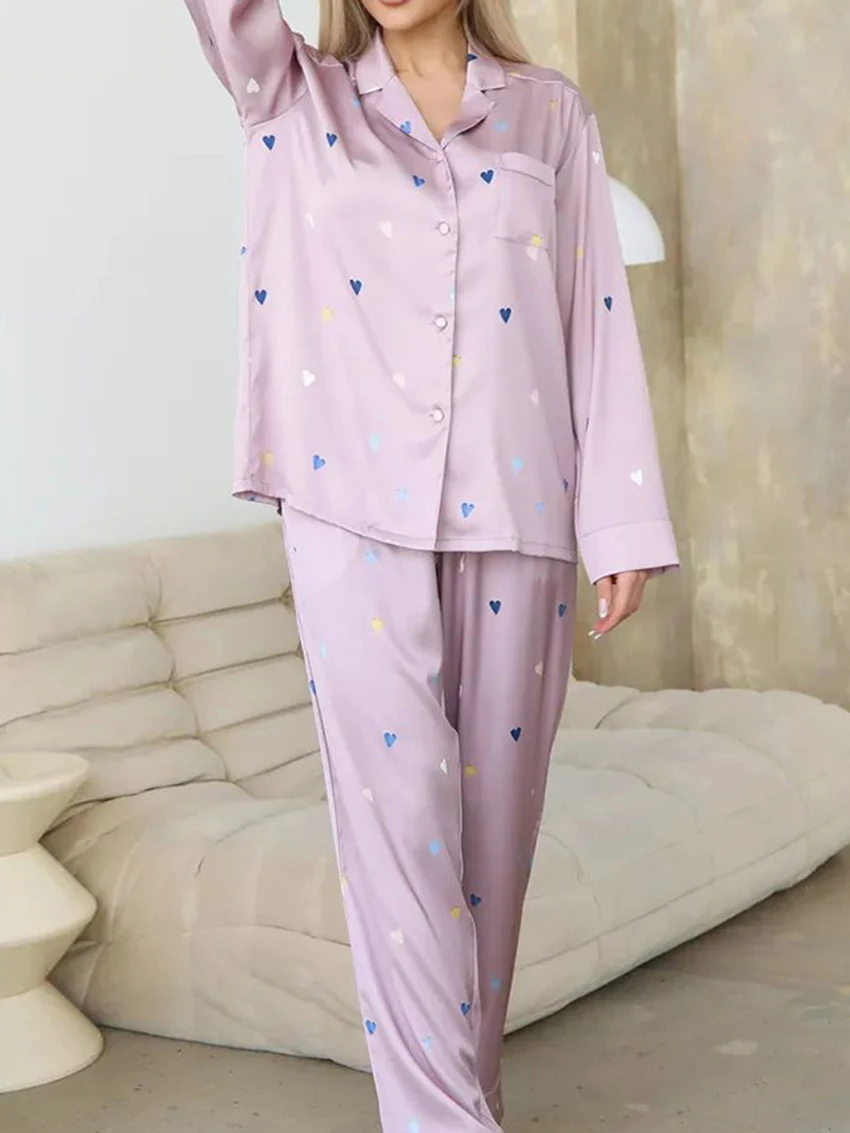 Marthaqiqi Printing Female Pajamas Suit Long Sleeve Nightgowns Sexy Turn-Down Collar Nightwear Pants Casual Women'S Pajamas Sets