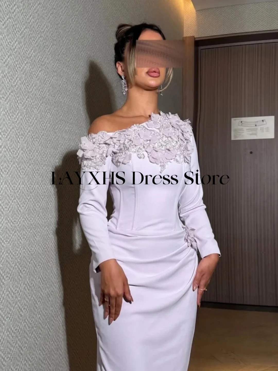 LAYXHS Abiti da sera eleganti monospalla Manica lunga Fiori con perline Abiti da ballo a sirena Abiti personalizzati