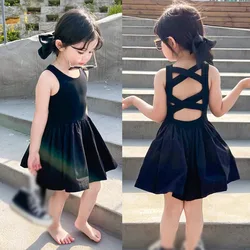 Summer Toddler Girls Dress Black Sweet Cool Wind Cross Backless Off Shoulder Party Princess Sleeveless Dresses For 1-7Y Girls