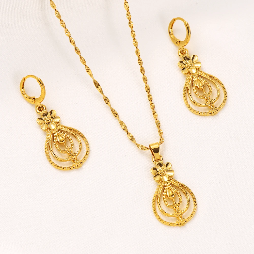 Ethiopian Dubai India  Flower Jewelry Set Jewelry Pendant Chain Earrings African Bride Wedding Flower Bijoux Gifts