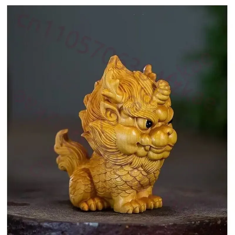 Wooden -Auspicious Kirin Small statue Solid wood carving China's fortune-making