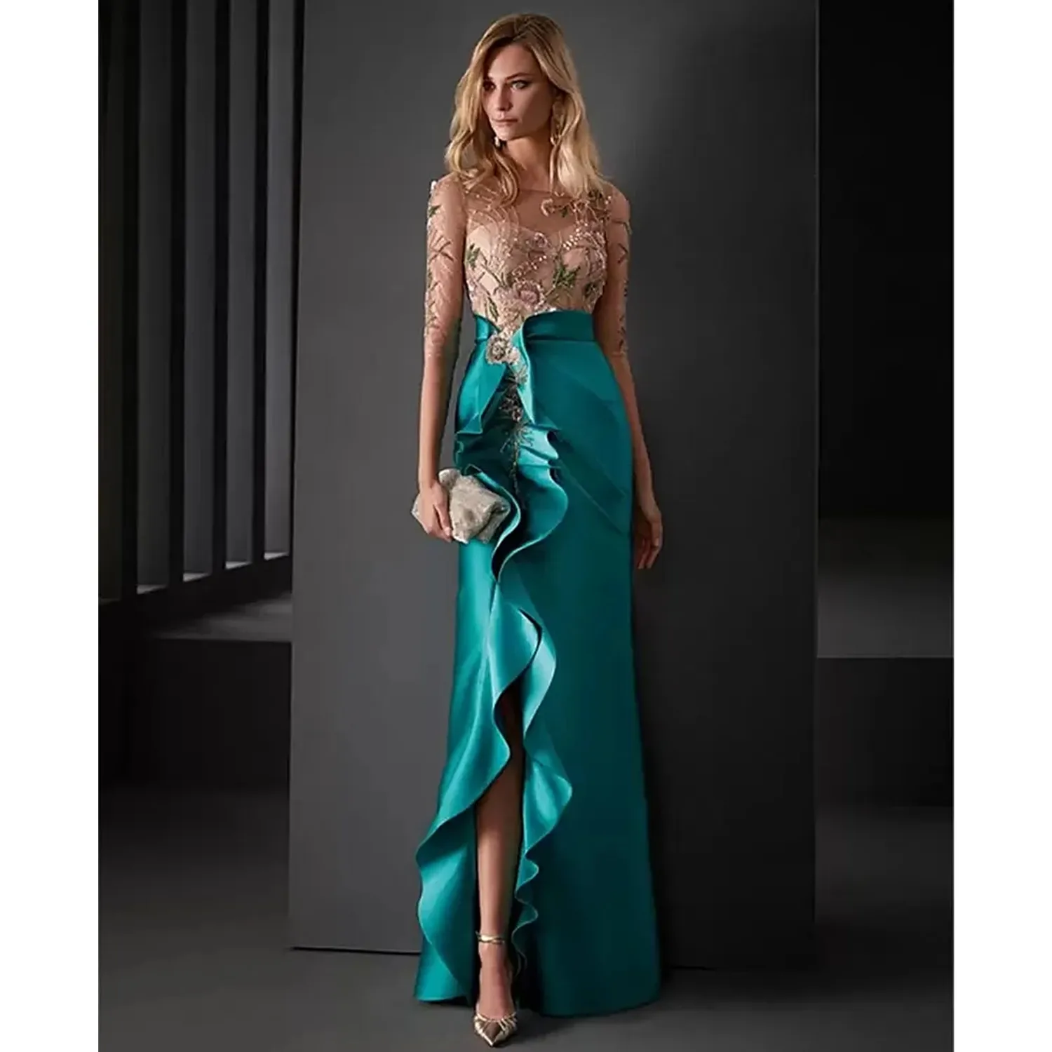 Ruffle Slit Long Mother Of The Bride Dresses Half Sleeves Lace Applique Beaded Teal Satin Guest Wedding Party Gowns Godmother Gr