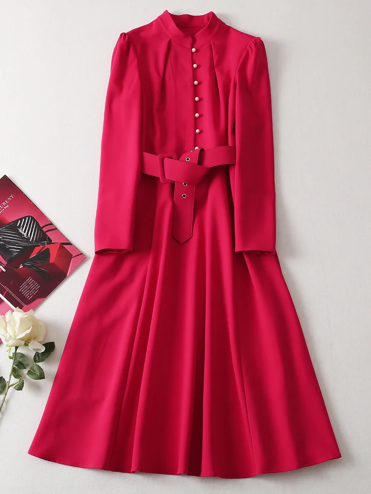 Princess New Designer Fashion Autumn High Quality Women\'s Vintage Elegant Casual Party High Street Long Sleeve Belt Midi Dress