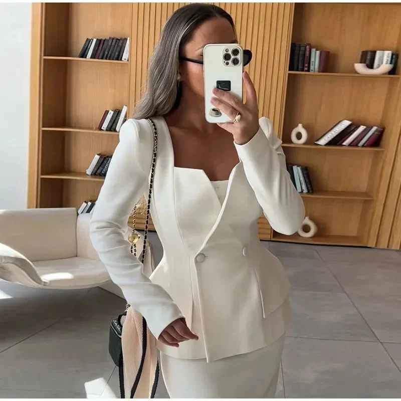 Elegant Blazer Coat Skirt 2 Piece Set Woman Square Collar Double Breasted Long Sleeve Hip Package Fashion Lady Skirt New Outfits